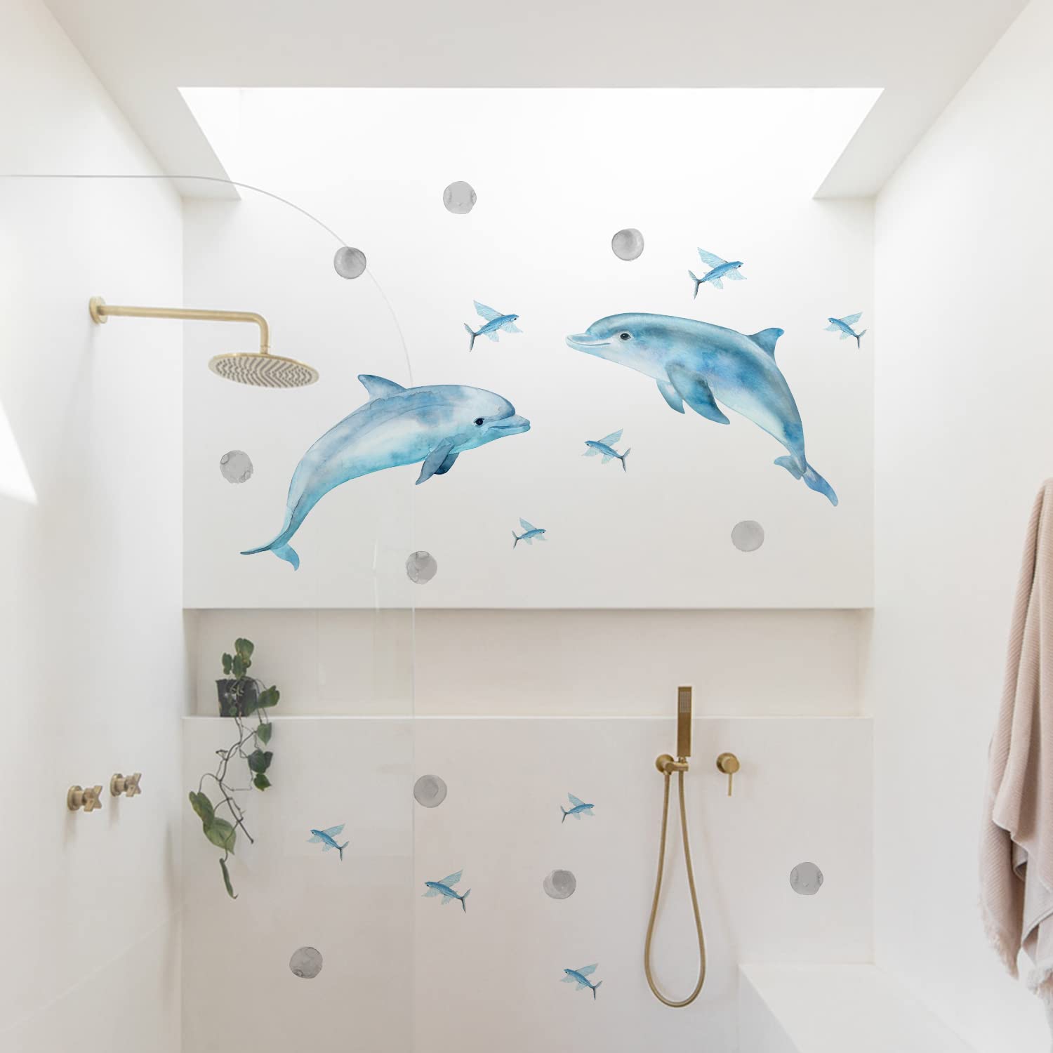 funlife Watercolor Wall Decals Peel and Stick, Ocean Animals Wall Stickers, Under The Sea Wall Decal Stickers for Kids Room Bedroom Playroom Nursery Room, Flying Fish & Dolphin