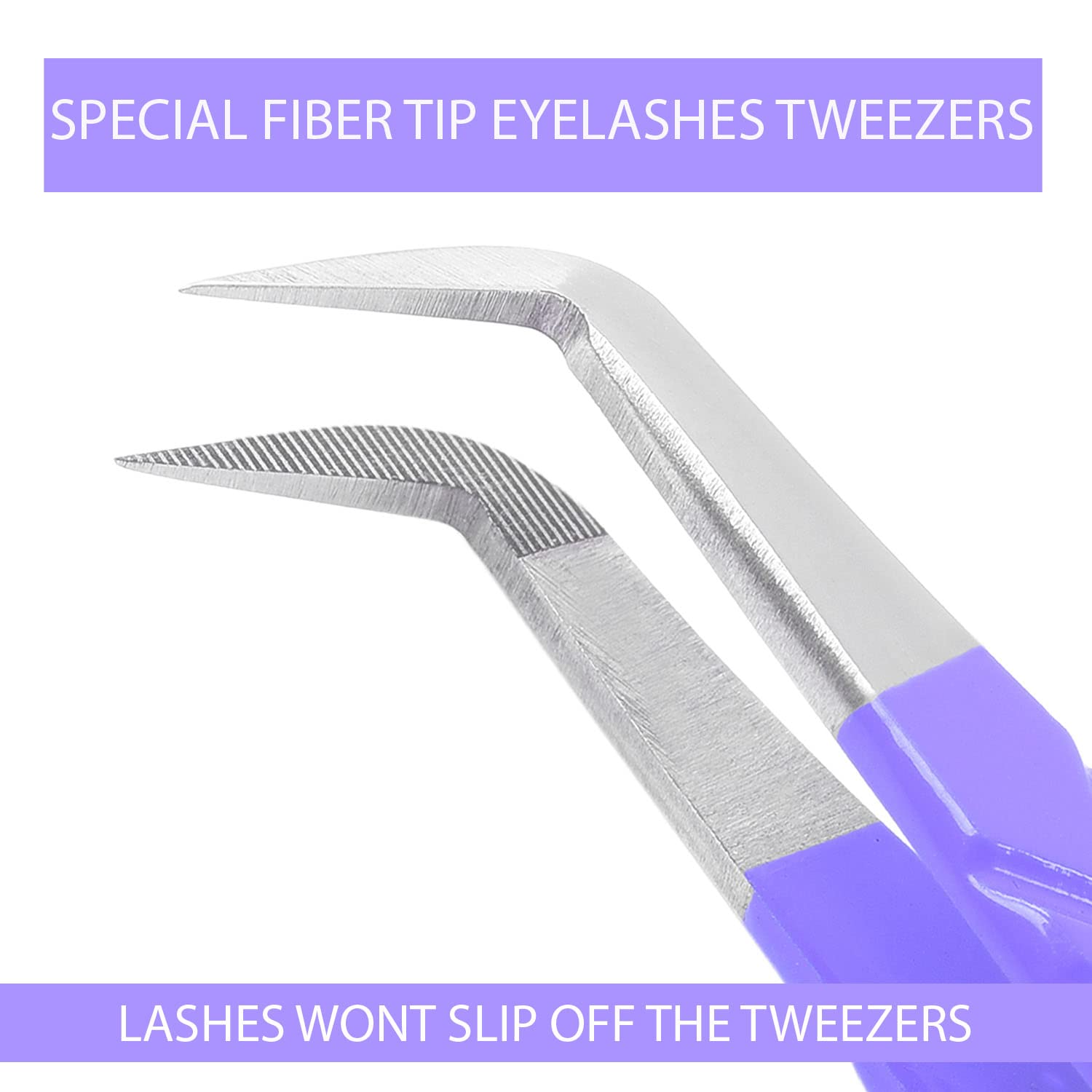 Best Fiber Point Tip Eye Lash Tweezers for Eyelash Extensions with Mega Microfiber Dusting Volume Professional Diamond Grip Curved Degree Boot Angle Lashing Tweezer for Russian Lashes L Shaped Purple