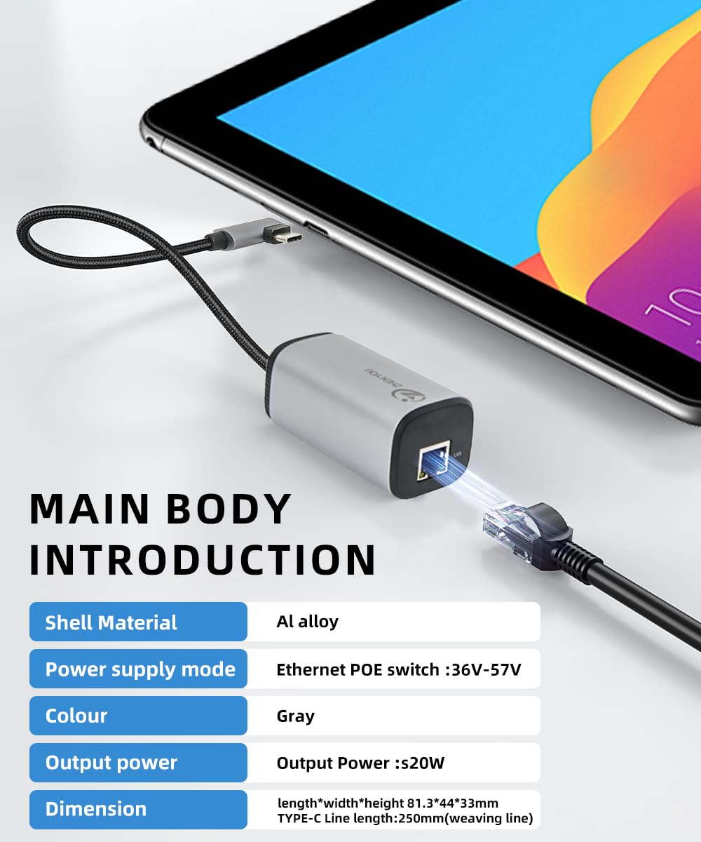 NP Type-C to Gigabit PoE Converter, POE Ethernet Adapter gigabit RJ45 to Type C 1000Mbps Converter
