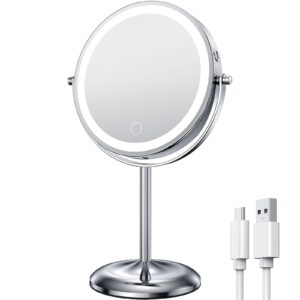 gospire lighted makeup mirror with magnification 10x， rechargeable stepless dimming led vanity mirror 7", 360° swivel magnifying cosmetic mirror cordless standing mirror for dresser, bathroom