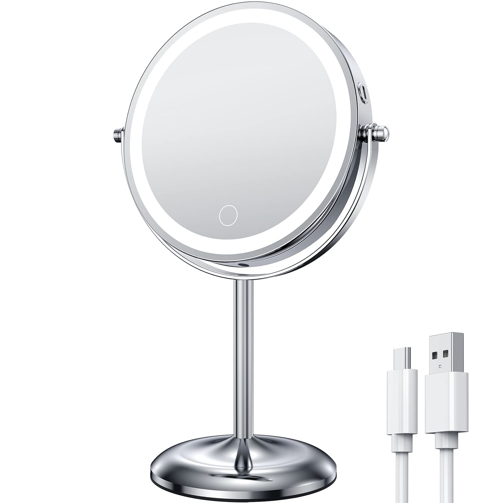 Gospire Lighted Makeup Mirror with Magnification 10X， Rechargeable Stepless Dimming LED Vanity Mirror 7", 360° Swivel Magnifying Cosmetic Mirror Cordless Standing Mirror for Dresser, Bathroom