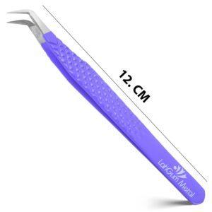 Best Fiber Point Tip Eye Lash Tweezers for Eyelash Extensions with Mega Microfiber Dusting Volume Professional Diamond Grip Curved Degree Boot Angle Lashing Tweezer for Russian Lashes L Shaped Purple