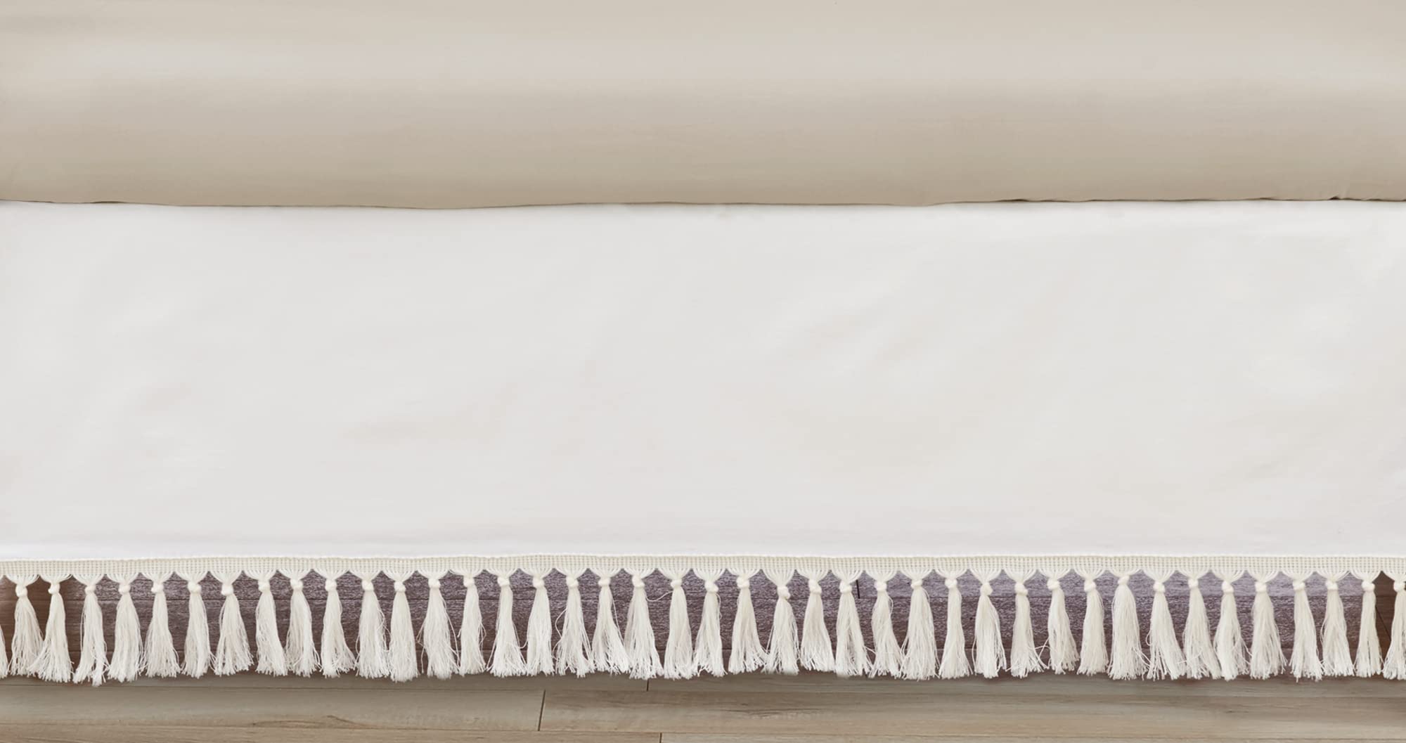 Sweet Jojo Designs Boho Fringe Ivory Boy or Girl Baby Crib Bed Skirt Nursery Dust Ruffle - Solid Neutral Cream Off White Tassel Boho Fringe Bohemian Minimalist for Taupe Desert Sun Collection