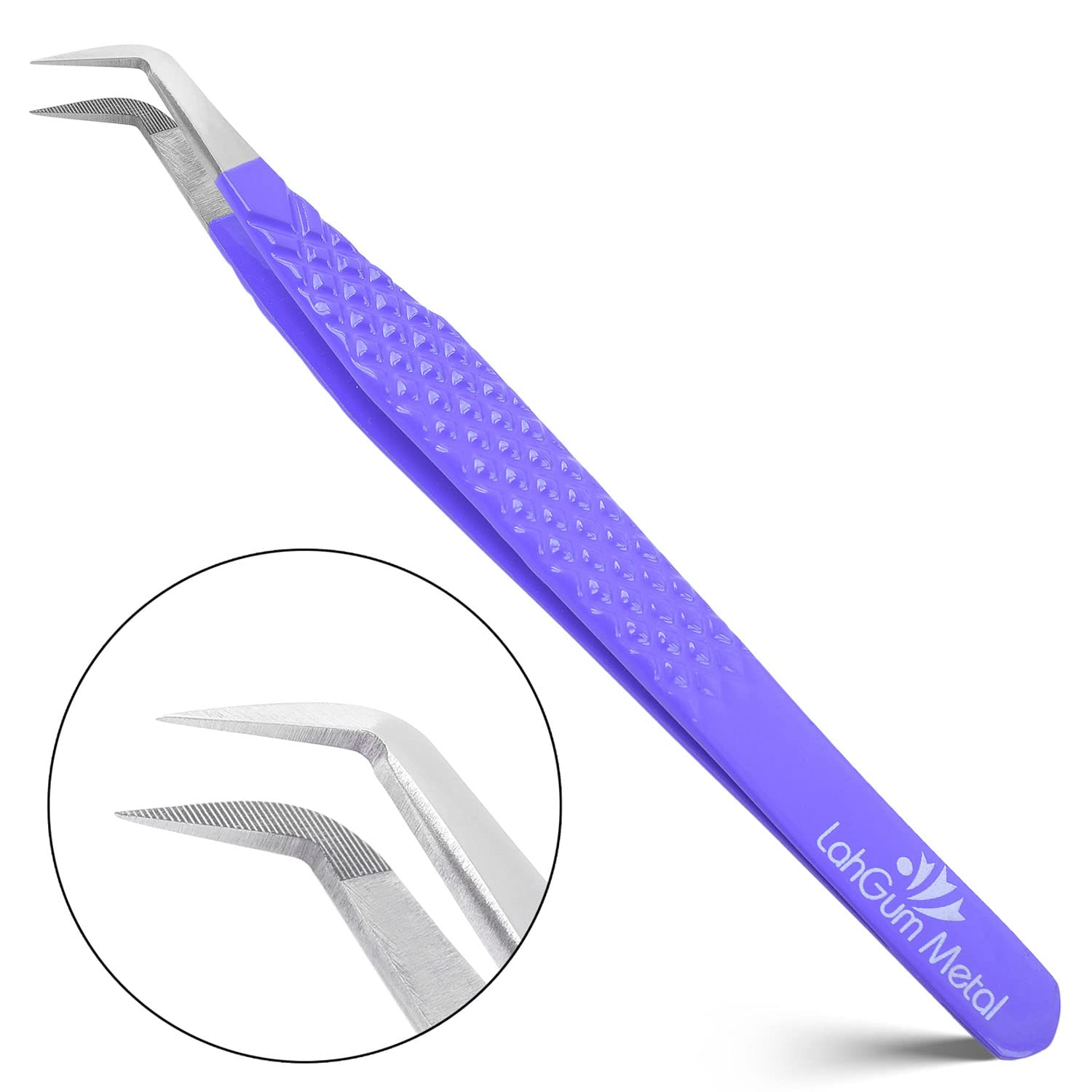 Best Fiber Point Tip Eye Lash Tweezers for Eyelash Extensions with Mega Microfiber Dusting Volume Professional Diamond Grip Curved Degree Boot Angle Lashing Tweezer for Russian Lashes L Shaped Purple