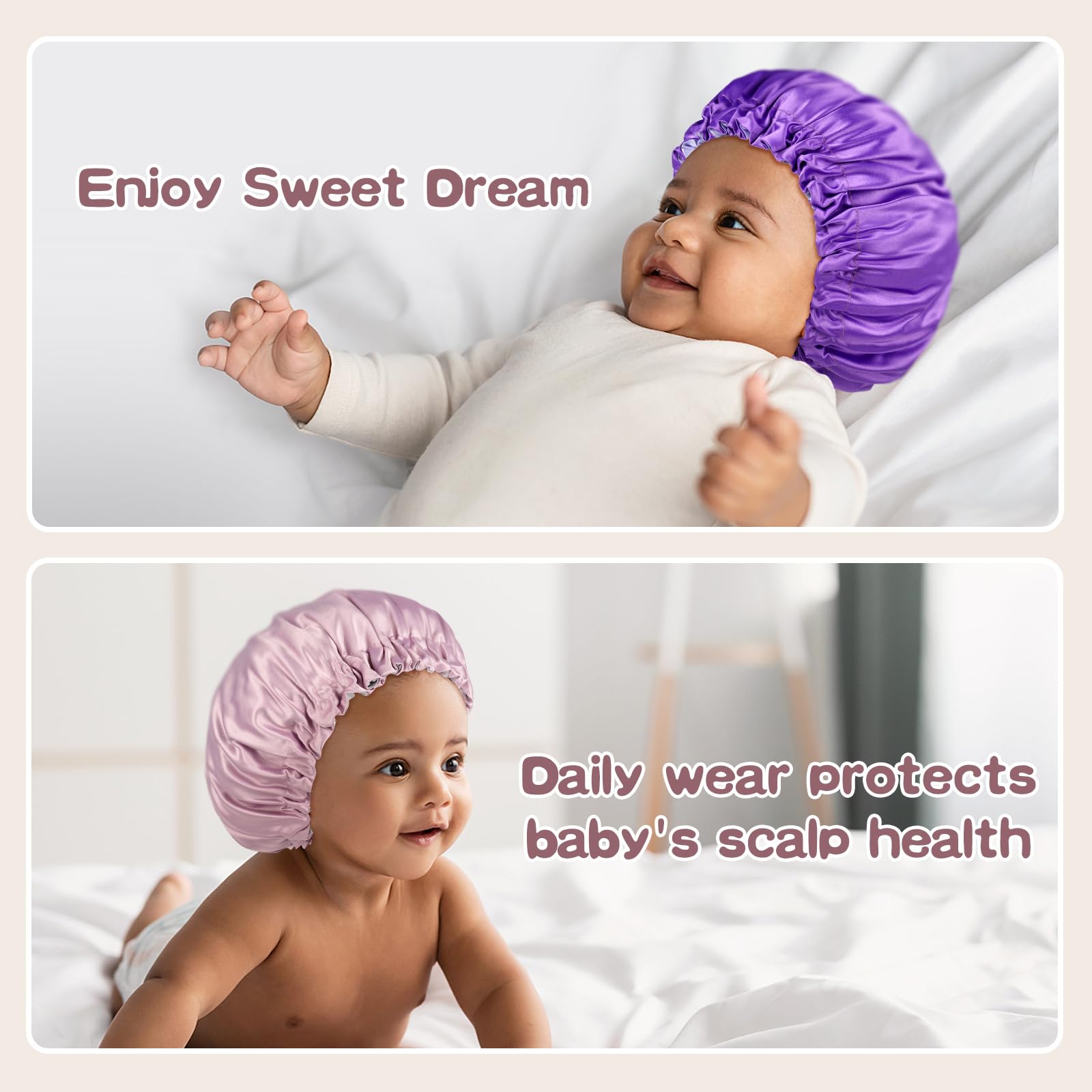 Baby Bonnet for 6-36 Months Sleeping: Reversible Smooth Satin for No Mess Toddler's Curly Hair, Adjustable Band No Slip Pink Purple