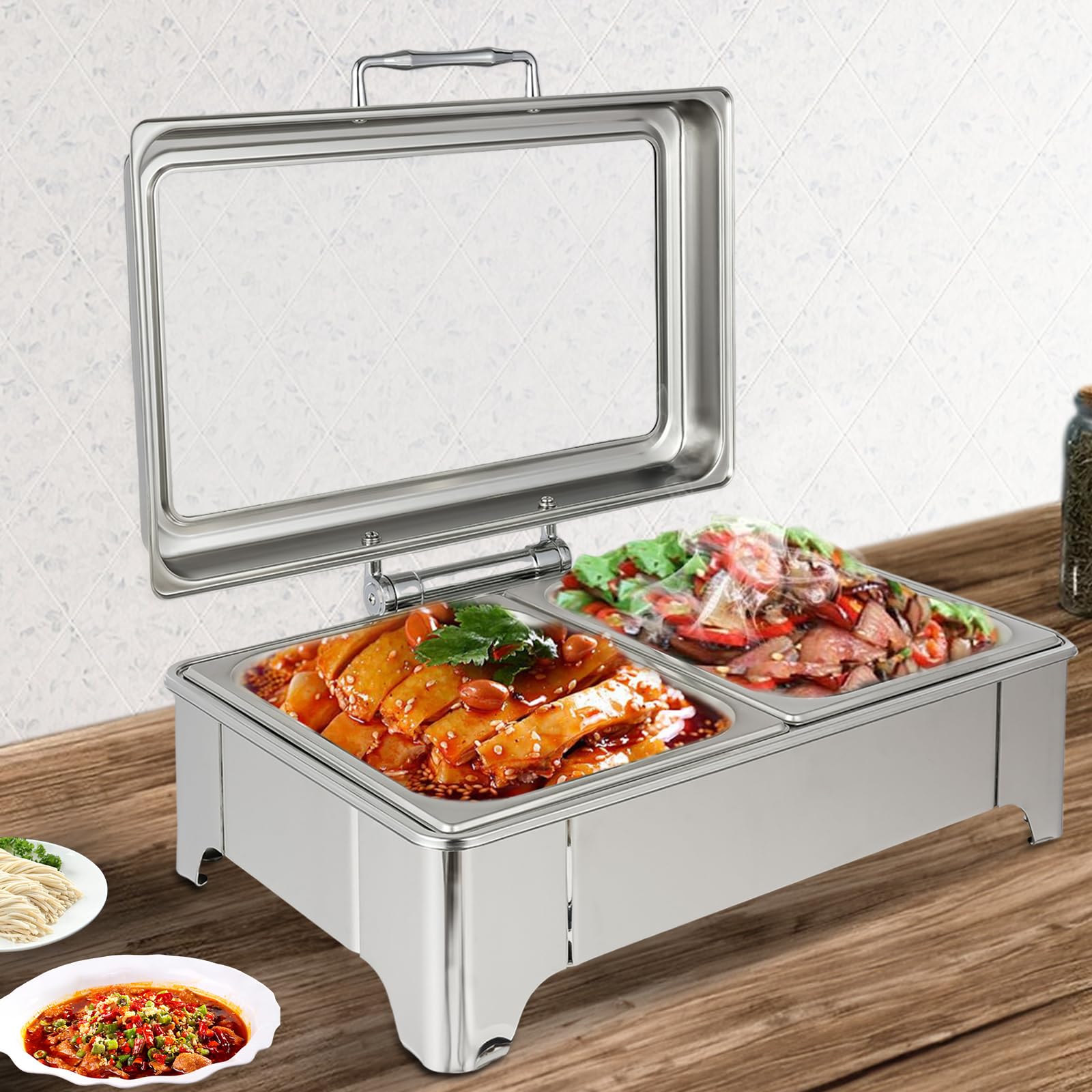 400W Stainless Steel Food Warmer Commercial Buffet Kitchen Chafing Dish with 2 Pans 9L Double Compartment Countertop Food Server Heater for Restaurant Hotels Catering Parties