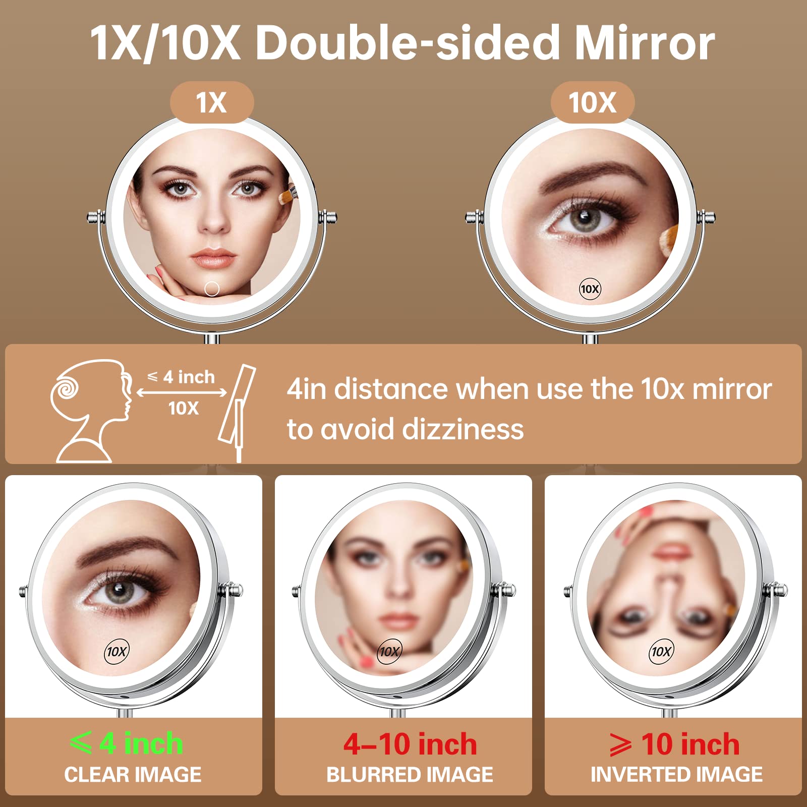 Gospire Lighted Makeup Mirror with Magnification 10X， Rechargeable Stepless Dimming LED Vanity Mirror 7", 360° Swivel Magnifying Cosmetic Mirror Cordless Standing Mirror for Dresser, Bathroom