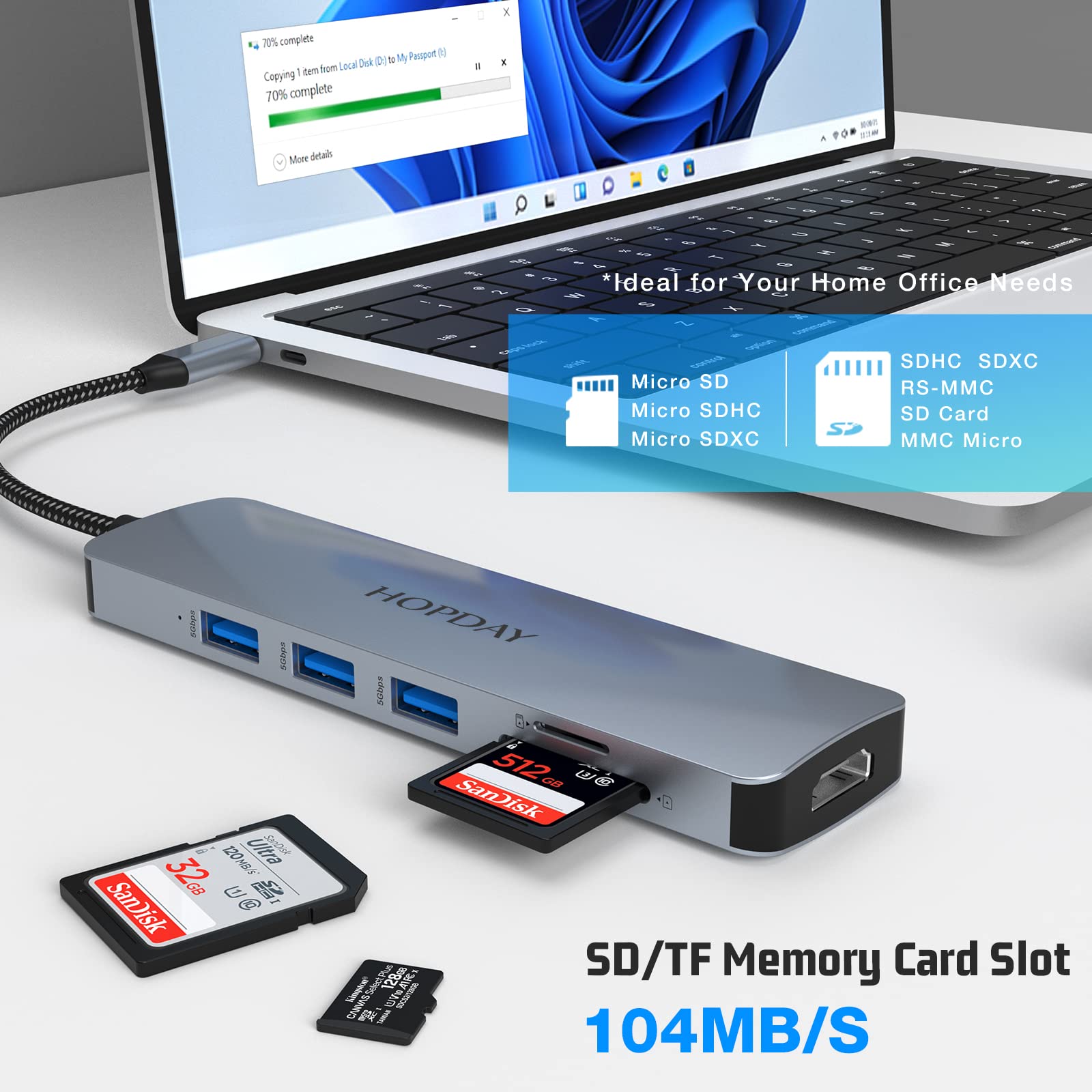 HOPDAY 6 in 1 USB C Adapter, Dual Display USB C Hub for MacBook Pro/Air, USB 3.0 5Gbps Fast Docking Station (4K HDMI,SD/TF,USB A 3.0) for Dell,Surface,HP,Lenovo and Other Type C Devices