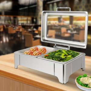 400W Stainless Steel Food Warmer Commercial Buffet Kitchen Chafing Dish with 2 Pans 9L Double Compartment Countertop Food Server Heater for Restaurant Hotels Catering Parties