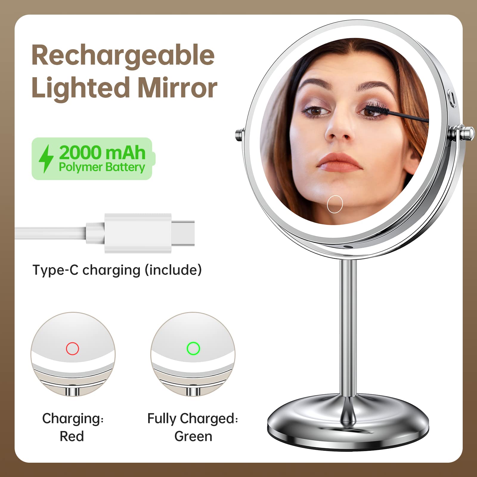 Gospire Lighted Makeup Mirror with Magnification 10X， Rechargeable Stepless Dimming LED Vanity Mirror 7", 360° Swivel Magnifying Cosmetic Mirror Cordless Standing Mirror for Dresser, Bathroom