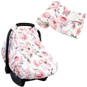 baby car seat cover & blanket for girls, floral infant carseat canopy, double layer minky blankets with dotted backing, pink