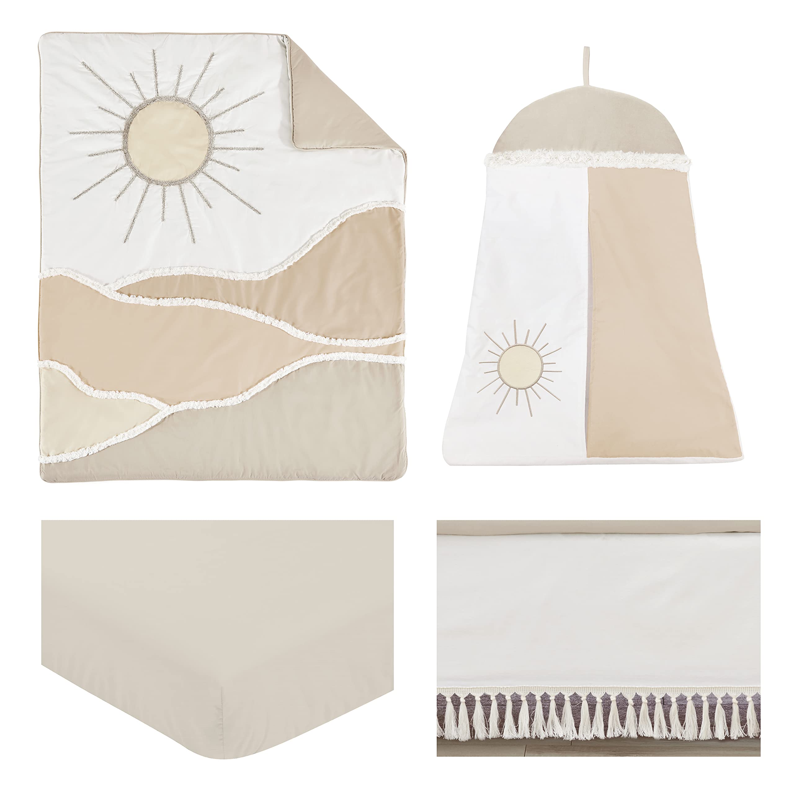 Sweet Jojo Designs Boho Desert Sun Taupe Nursery Baby Boy or Girl 4pc Crib Bedding Set Neutral Tan Beige Ivory Gold Cream Off White Bohemian Mountain Nature Outdoors Geometric Minimalist Sunshine