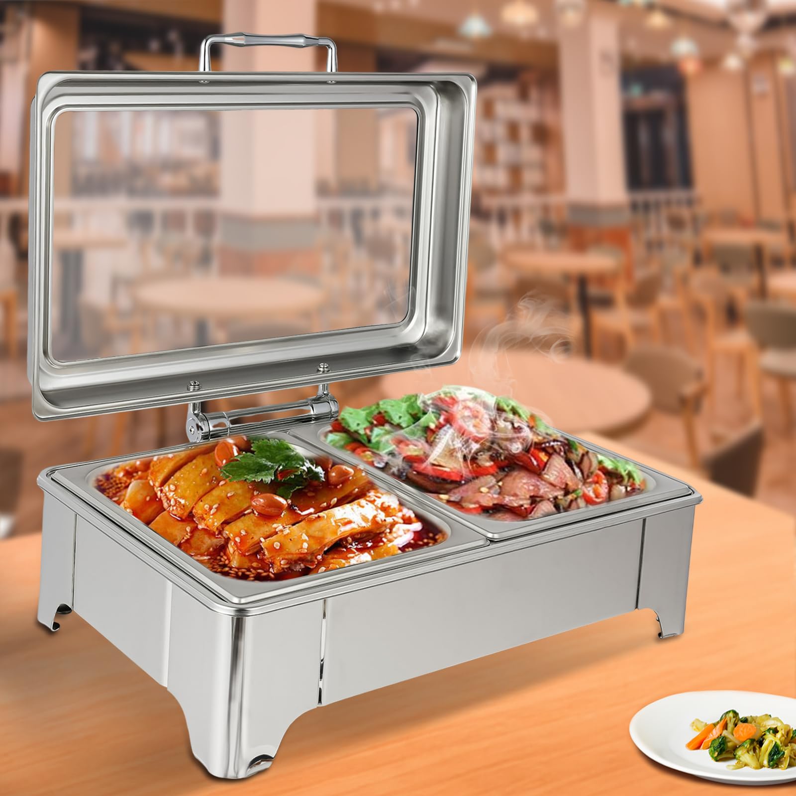 400W Stainless Steel Food Warmer Commercial Buffet Kitchen Chafing Dish with 2 Pans 9L Double Compartment Countertop Food Server Heater for Restaurant Hotels Catering Parties