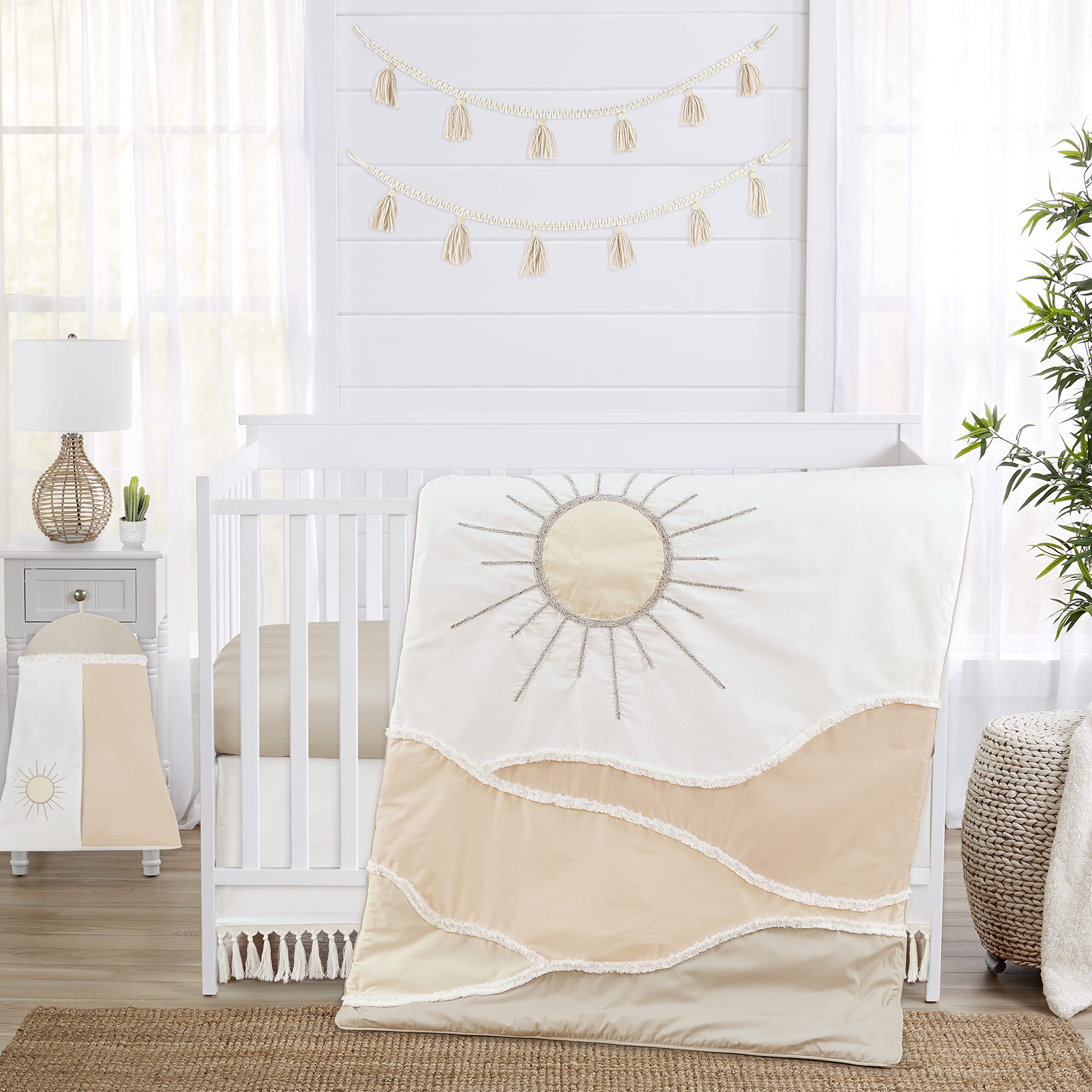 Sweet Jojo Designs Boho Fringe Ivory Boy or Girl Baby Crib Bed Skirt Nursery Dust Ruffle - Solid Neutral Cream Off White Tassel Boho Fringe Bohemian Minimalist for Taupe Desert Sun Collection