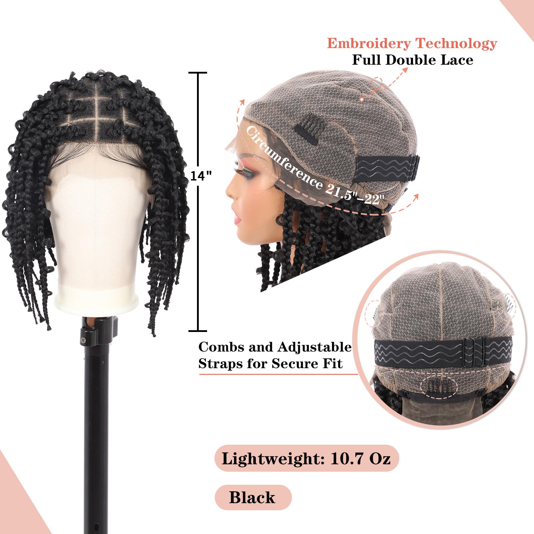 Lexqui 14" Short Knotless Braided Wigs for Women Box Braid Wig Butterfly Bob Braided Wigs Full Double Braided Lace Front Wig with Baby Hair Human Hair Blended Braiding Hair Wig Natural Black