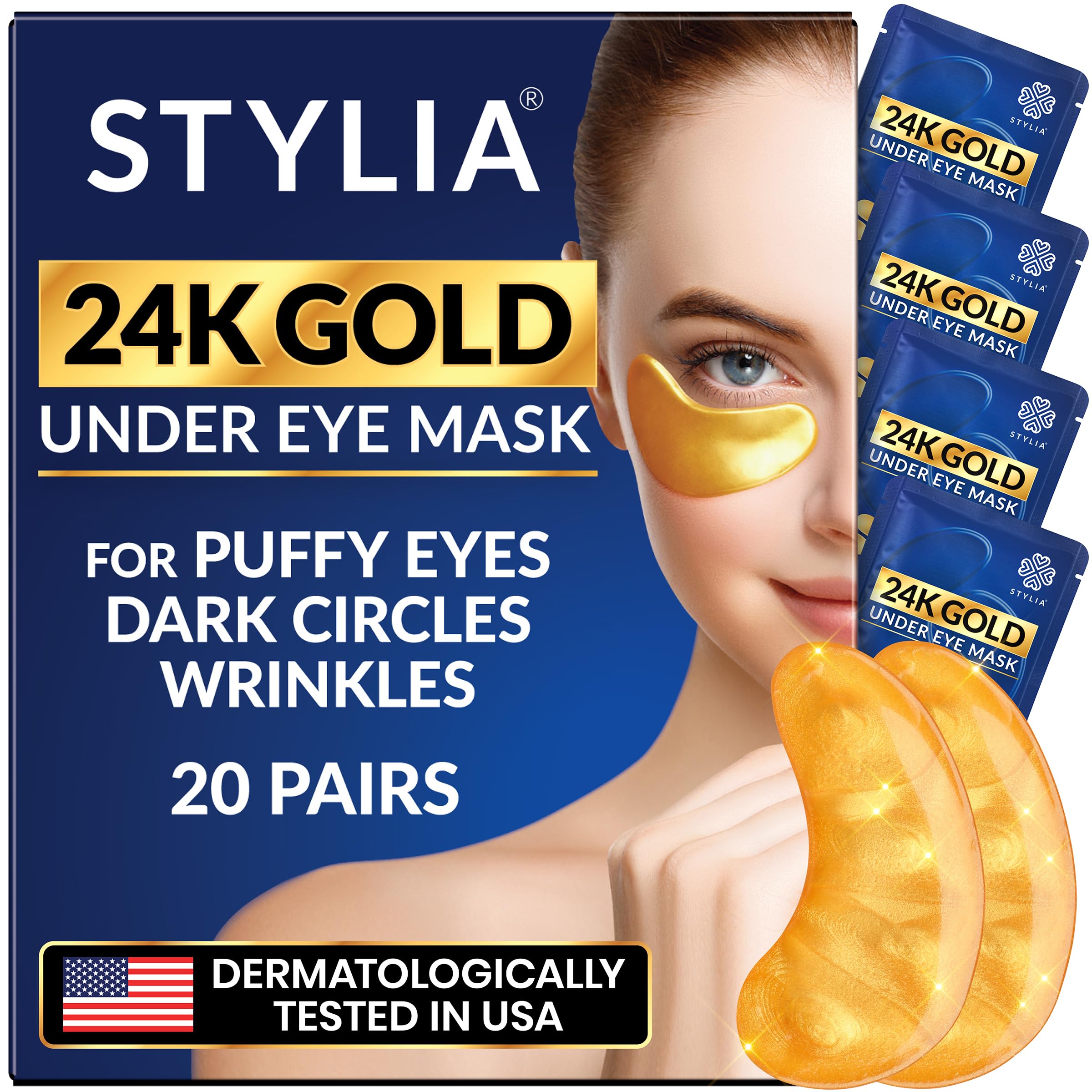 Stylia Under Eye Patches for Puffy Eyes and Dark Circles (20 Pairs), 24k Gold Eye Mask, Face Eye Mask Skincare, Eye Care for Wrinkles and Puffiness, Collagen Under Eye Masks, Moisturizing Eye Gel Pads