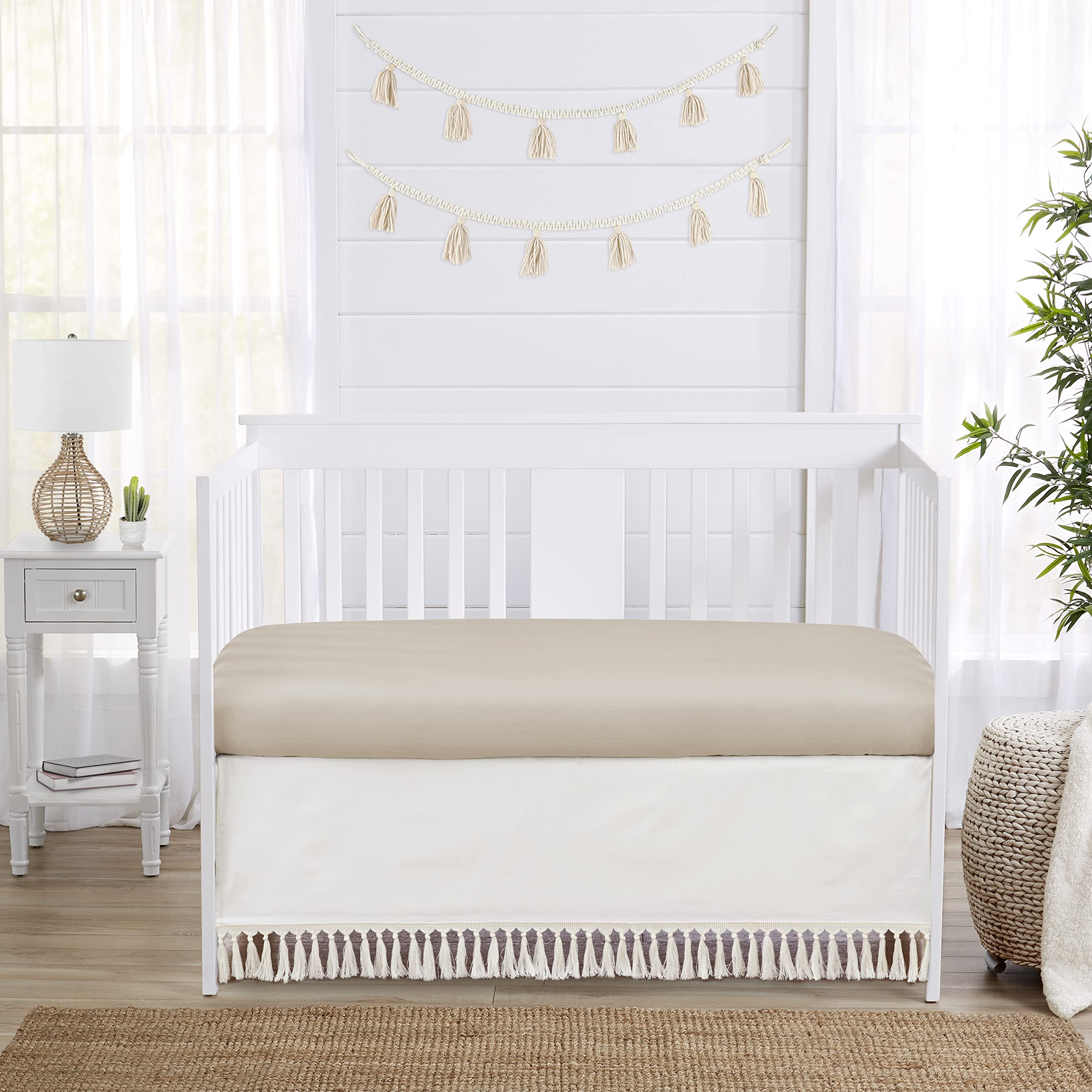 Sweet Jojo Designs Boho Fringe Ivory Boy or Girl Baby Crib Bed Skirt Nursery Dust Ruffle - Solid Neutral Cream Off White Tassel Boho Fringe Bohemian Minimalist for Taupe Desert Sun Collection