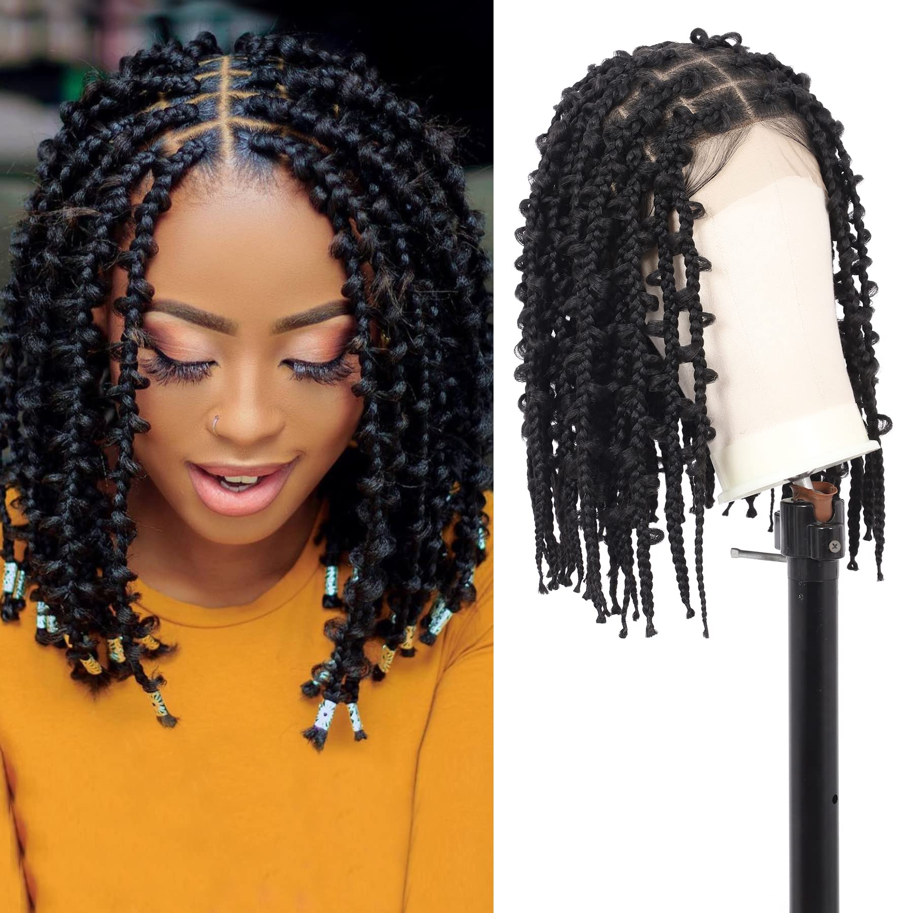 Lexqui 14" Short Knotless Braided Wigs for Women Box Braid Wig Butterfly Bob Braided Wigs Full Double Braided Lace Front Wig with Baby Hair Human Hair Blended Braiding Hair Wig Natural Black