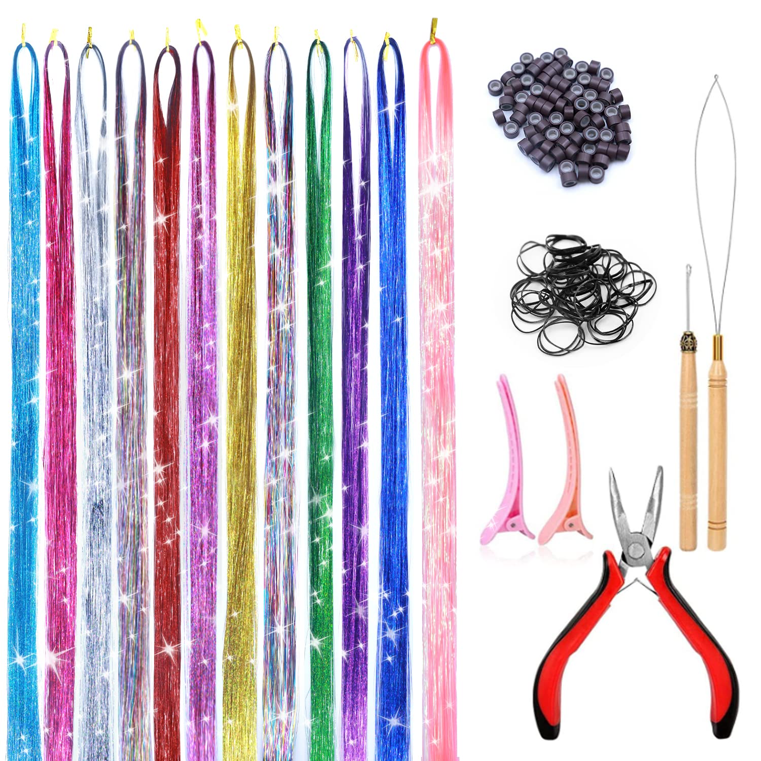 Waysear 12 Colors Hair Tinsel for Girls, 47 Inches Hair Tinsel Kit with Tool, 2400 Strands Tinsel Hair Extensions for Women, Fairy Hair Tinsel Glitter Sparkling Shiny Hair for Christmas Party