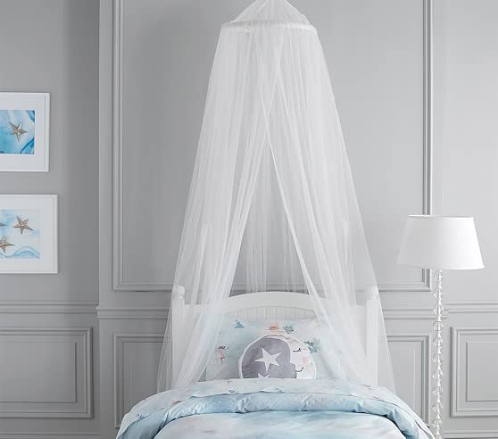 ADESIGNSTORE White Princess canopy with two tulle 9" pom poms set - Baby Crib Bed Mosquito net Reading Nook - Princess House Castle Bed Hanging Sheer Canopy 10 Layers