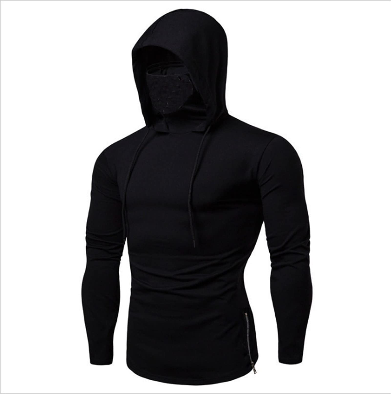 Maiyifu-GJ Men's Casual Pullover Hoodies with Mask Long Sleeve Workout Hooded Sweatshirt Lightweight Windproof Hoodie Blouse (Black,Medium)