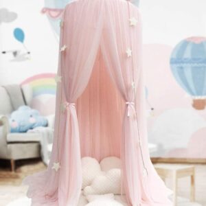 ADESIGNSTORE Baby Girl Pink Princess Canopy with tulle pom poms set of two Fluffy bedroom decoration Baby House play room nook decor