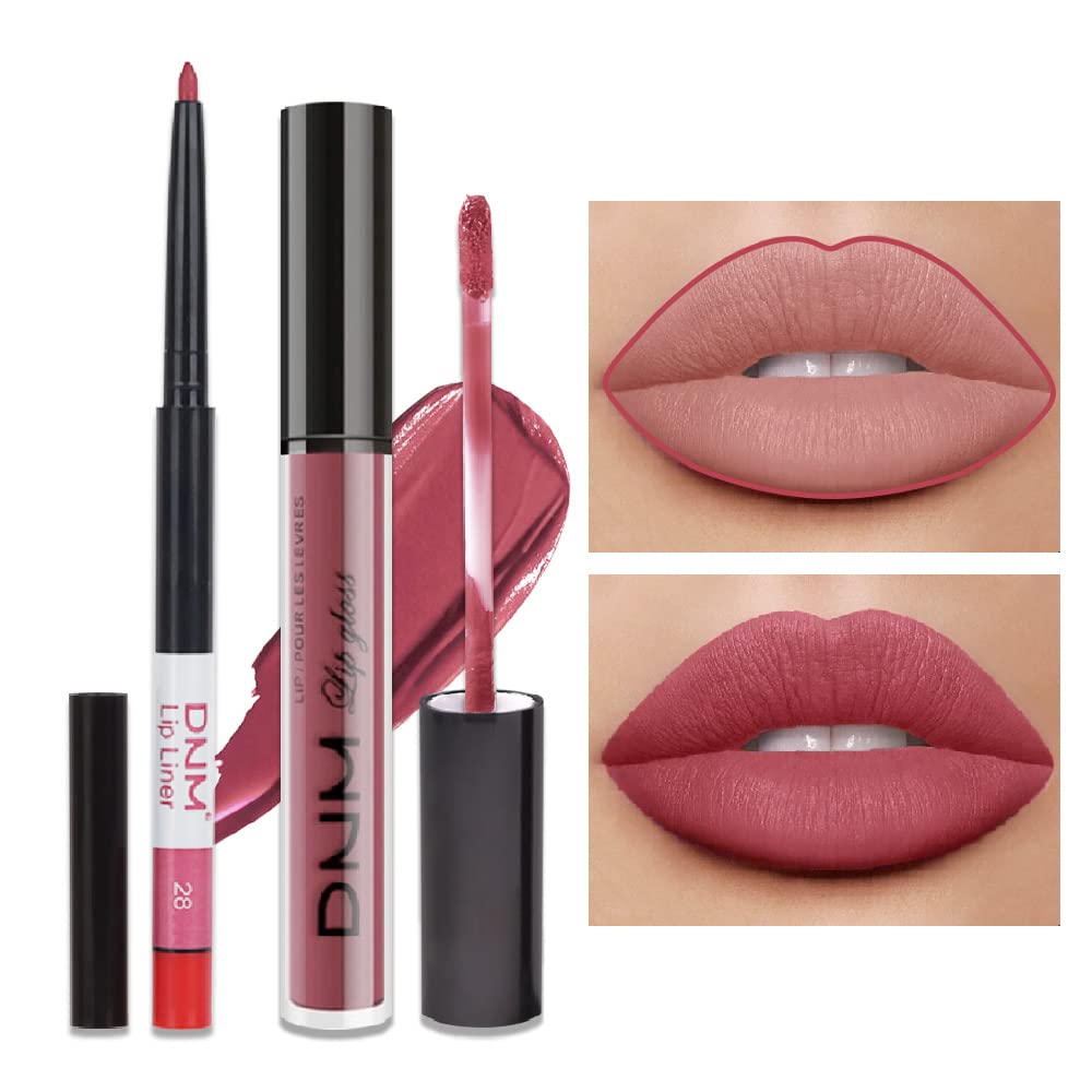 evpct 2Pcs Chestnut Mauve Rose Red Matte Lip Liner and Pencil Colorstay Lipstick Set DNM Long Lasting Lipstick Set 24H and with Lip Liner labiales mate 24 horas originales matte larga duracion 24 28#