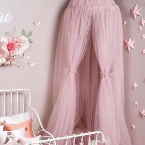 ADESIGNSTORE Baby Girl Pink Princess Canopy with tulle pom poms set of two Fluffy bedroom decoration Baby House play room nook decor