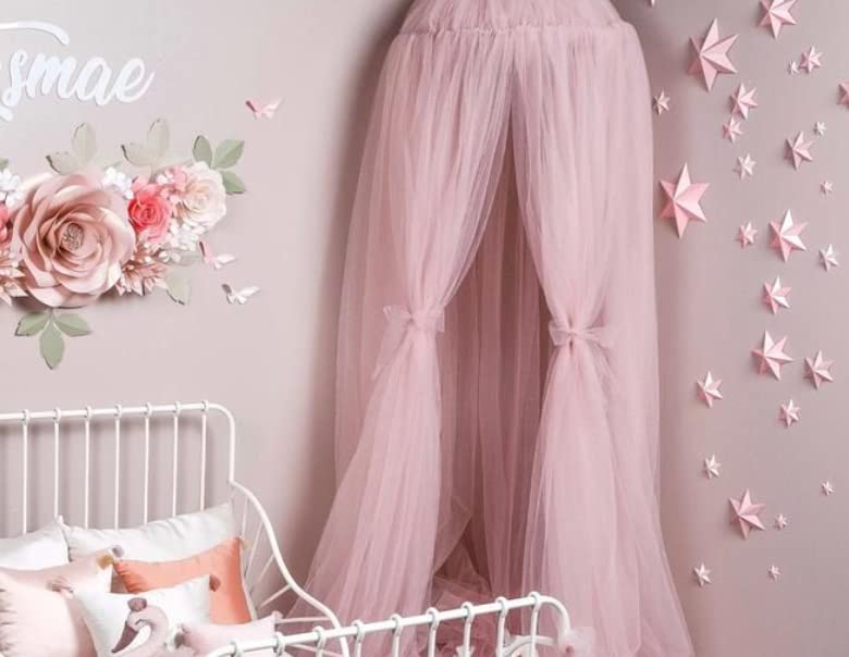 ADESIGNSTORE Baby Girl Pink Princess Canopy with tulle pom poms set of two Fluffy bedroom decoration Baby House play room nook decor