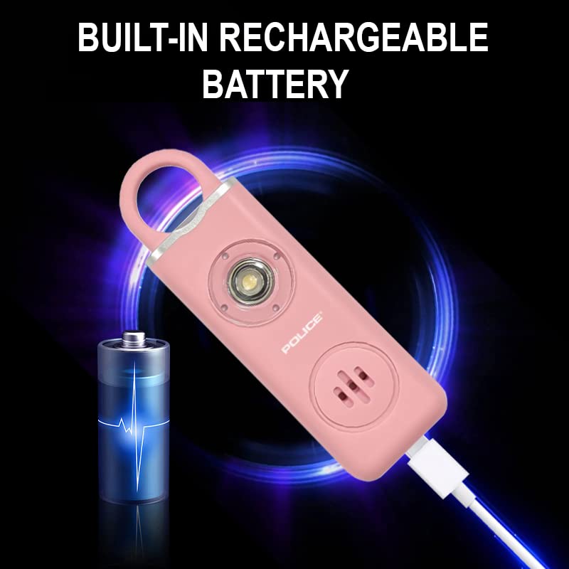 POLICE Personal Safety Alarm for Women – Loud Siren, Flashlight, Strobe Light and Key Chain Rechargeable, Pink