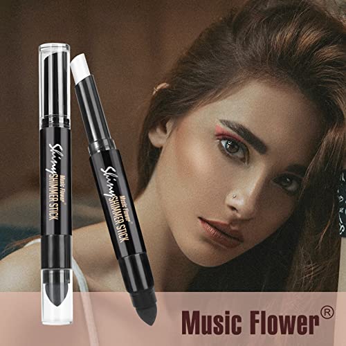 Music Flower Highlighter Stick, Double Ended Highlighter Makeup Stick with Sponge Brush, Shimmer Waterproof Long Lasting Smooth Silver Glitter Brighten Face Makeup Pencil, 1 Count