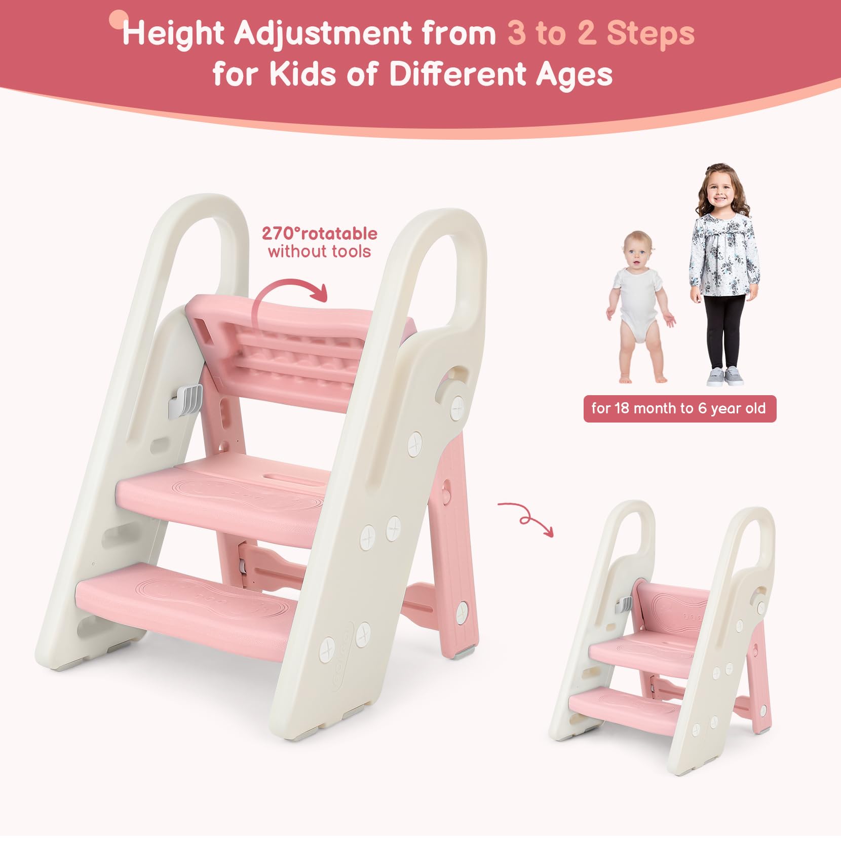 Onasti Foldable Toddler Step Stool for Bathroom Sink, Adjustable 3 Step Stool for Kids Toilet Potty Training Stool with Handles, Child Kitchen Counter Stool Helper, Plastic Ladder for Toddlers Pink