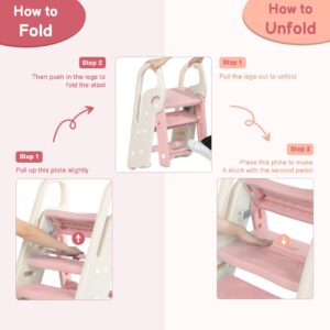 Onasti Foldable Toddler Step Stool for Bathroom Sink, Adjustable 3 Step Stool for Kids Toilet Potty Training Stool with Handles, Child Kitchen Counter Stool Helper, Plastic Ladder for Toddlers Pink