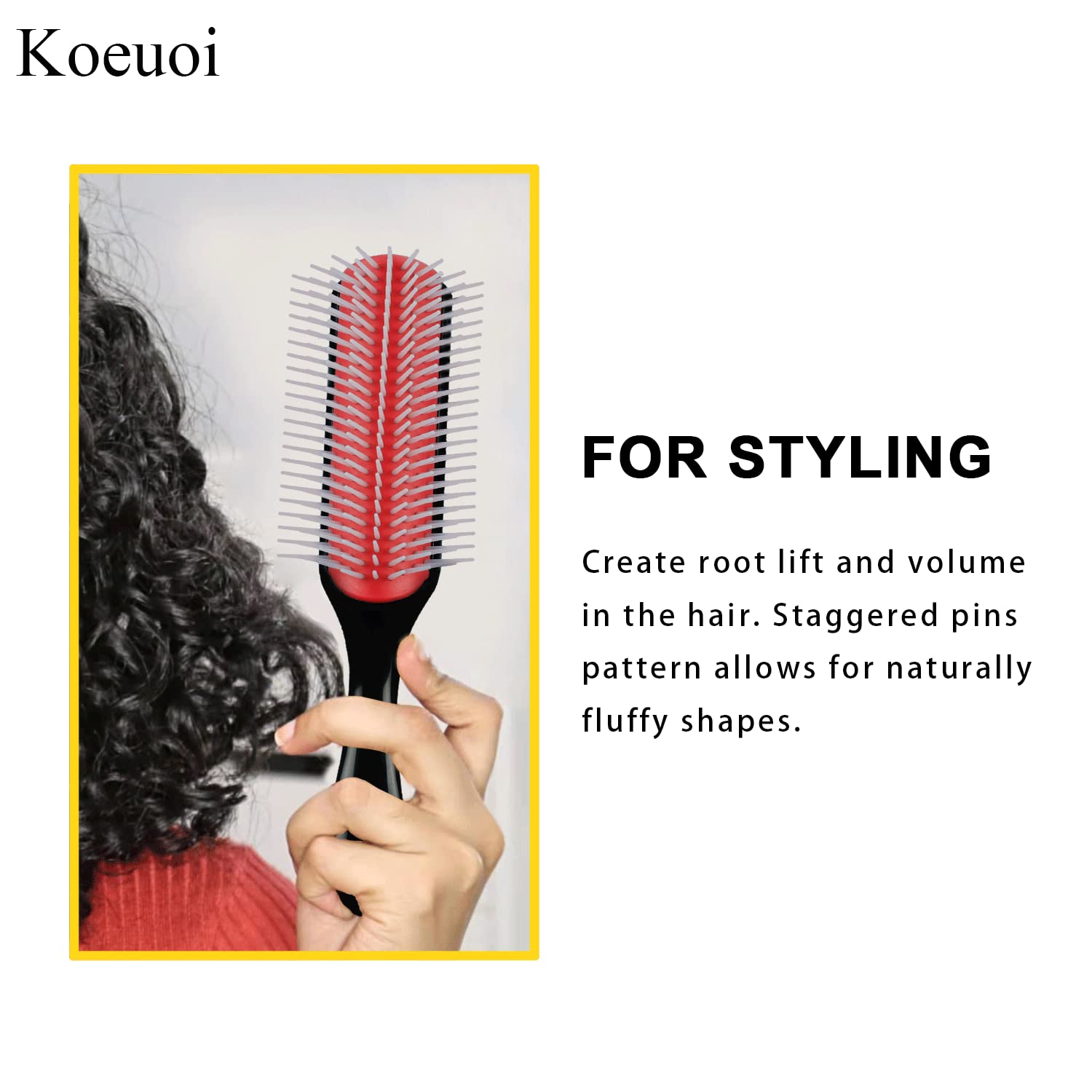 Koeuoi Classic Styling Curly Hair Brush. 9 Row Black Brush for Detangling, Separating, Shaping. For Women and Men Wet or Dry Hair.