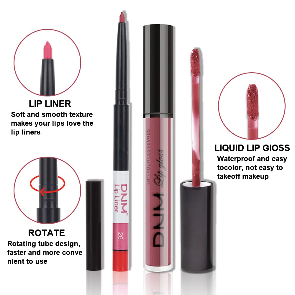 evpct 2Pcs Chestnut Mauve Rose Red Matte Lip Liner and Pencil Colorstay Lipstick Set DNM Long Lasting Lipstick Set 24H and with Lip Liner labiales mate 24 horas originales matte larga duracion 24 28#