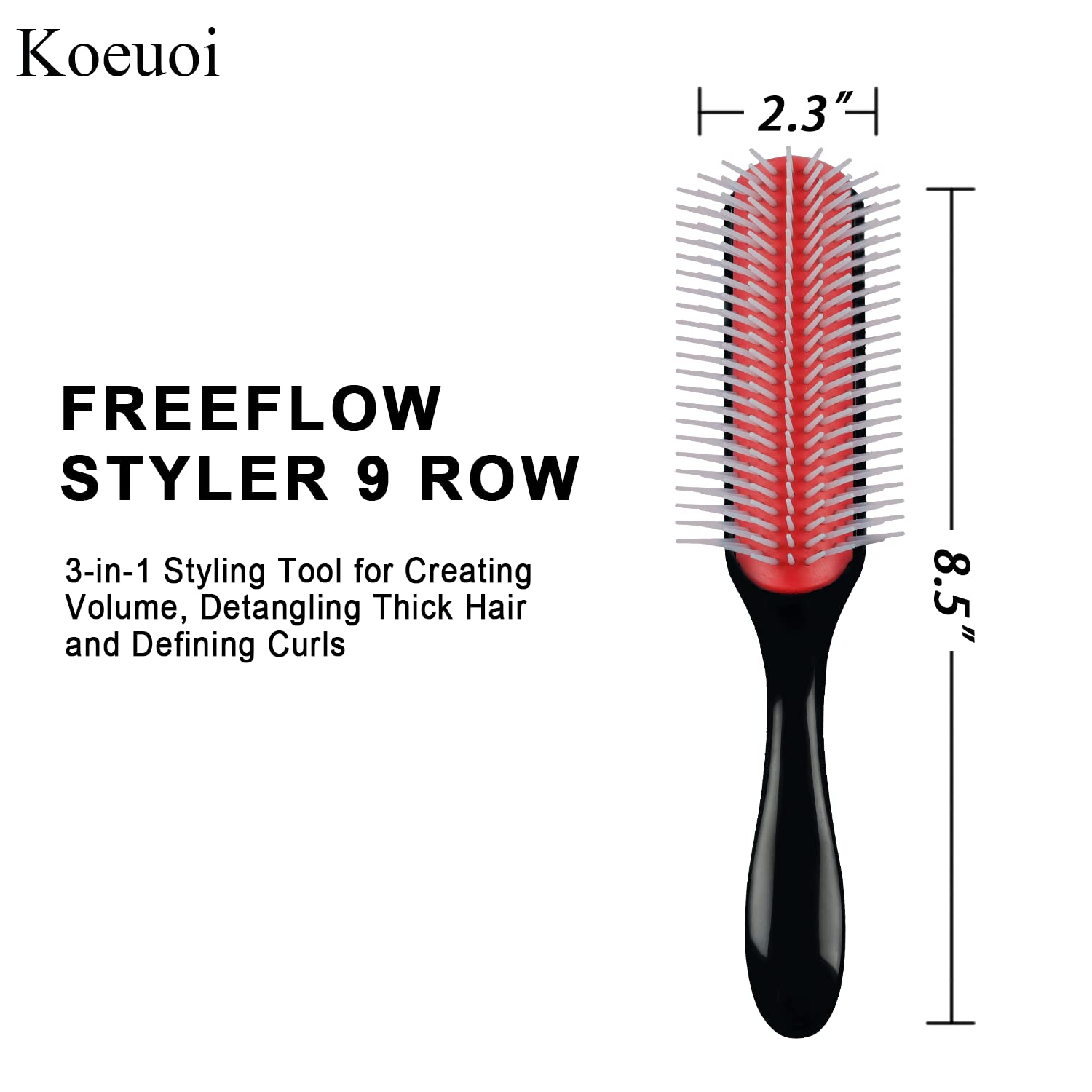 Koeuoi Classic Styling Curly Hair Brush. 9 Row Black Brush for Detangling, Separating, Shaping. For Women and Men Wet or Dry Hair.