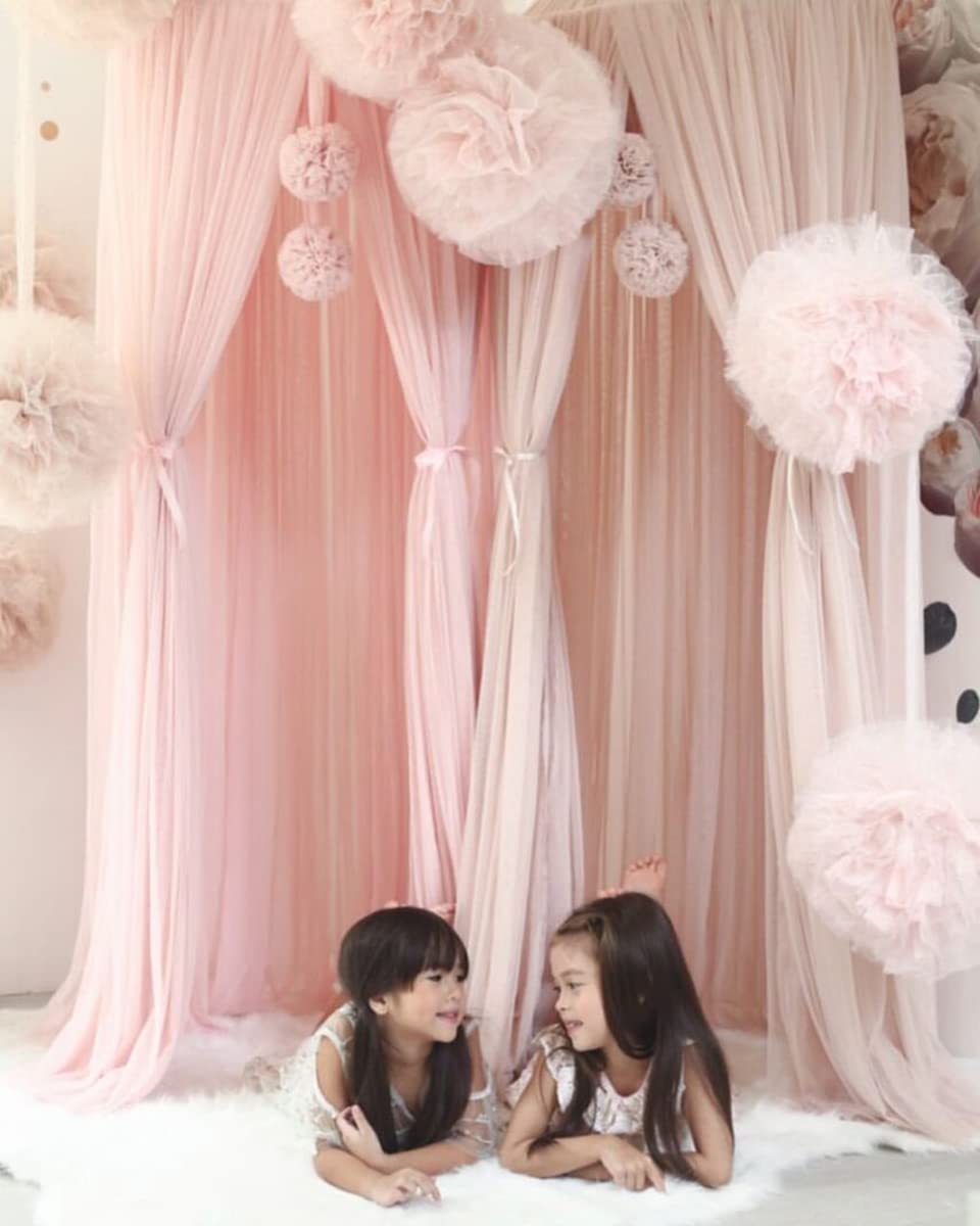 ADESIGNSTORE Baby Girl Pink Princess Canopy with tulle pom poms set of two Fluffy bedroom decoration Baby House play room nook decor