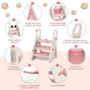 Onasti Foldable Toddler Step Stool for Bathroom Sink, Adjustable 3 Step Stool for Kids Toilet Potty Training Stool with Handles, Child Kitchen Counter Stool Helper, Plastic Ladder for Toddlers Pink