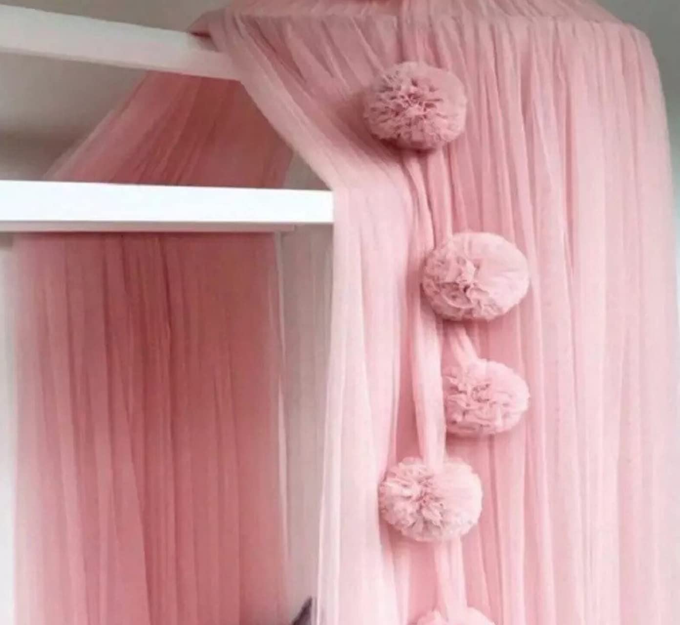 ADESIGNSTORE Baby Girl Pink Princess Canopy with tulle pom poms set of two Fluffy bedroom decoration Baby House play room nook decor