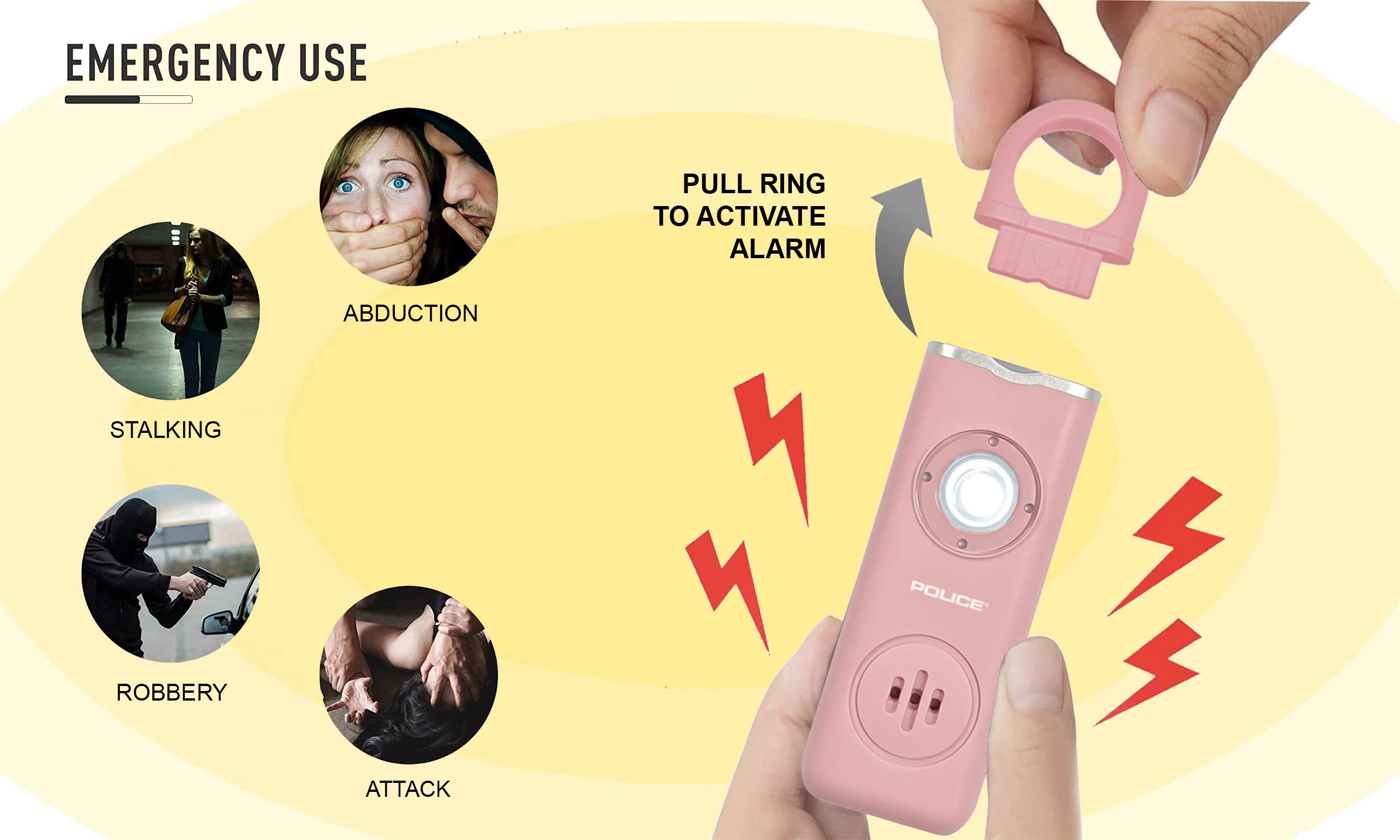 POLICE Personal Safety Alarm for Women – Loud Siren, Flashlight, Strobe Light and Key Chain Rechargeable, Pink