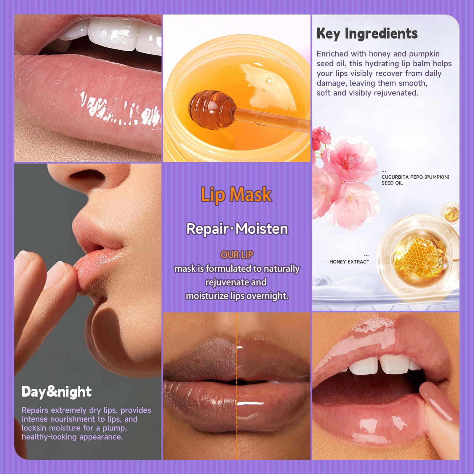 Sakura & Honey Lip Mask with Stick, Day & Night Repair Deep Moisture and Fade Lip Lines, Rich in Vitamin E & Cherry Blossom Extract Beeswax Essence Natural Lip Enhancer Care Sleeping Lip Mask