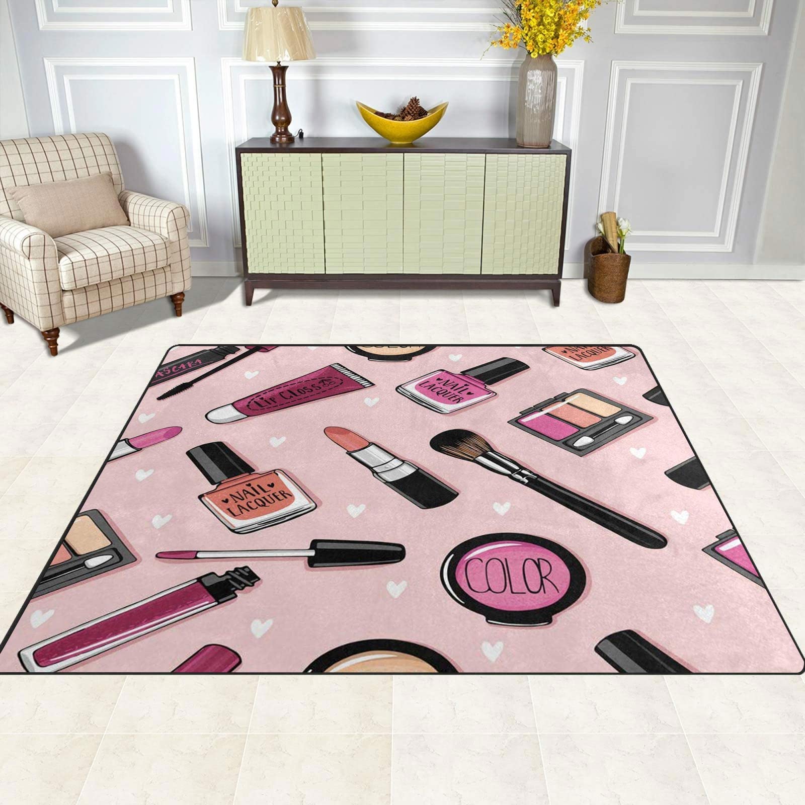 Oueoty Fashion Lipstick Love Heart Pink Area Rug 1.5x2.5ft/18x30in/45x75cm,Baby Play Mat for Living Dining Dorm Room Bedroom Home Decorative