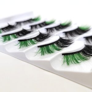 MISSLADY 16mm 5 Pairs Pack 3D Faux Mink Eyelashes with Green Ends Colored Lashes (FM-205, 8-16mm, Black with Green Ends, 5 Pairs)