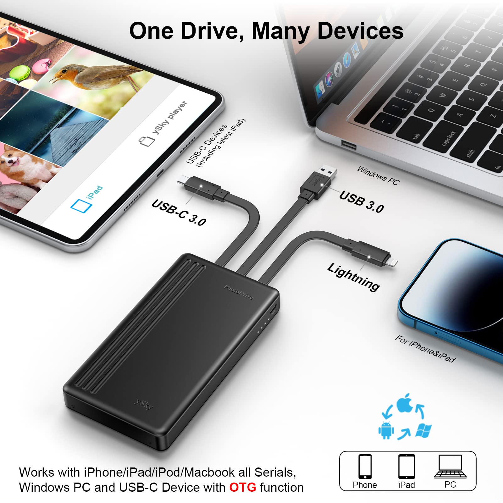 ySky MFi Certified 1TB Portable External Hard Drive for iPhone iPad MacBook Windows Computer USB C Android Phones to Backup,1TB Photo Stick for iPhone