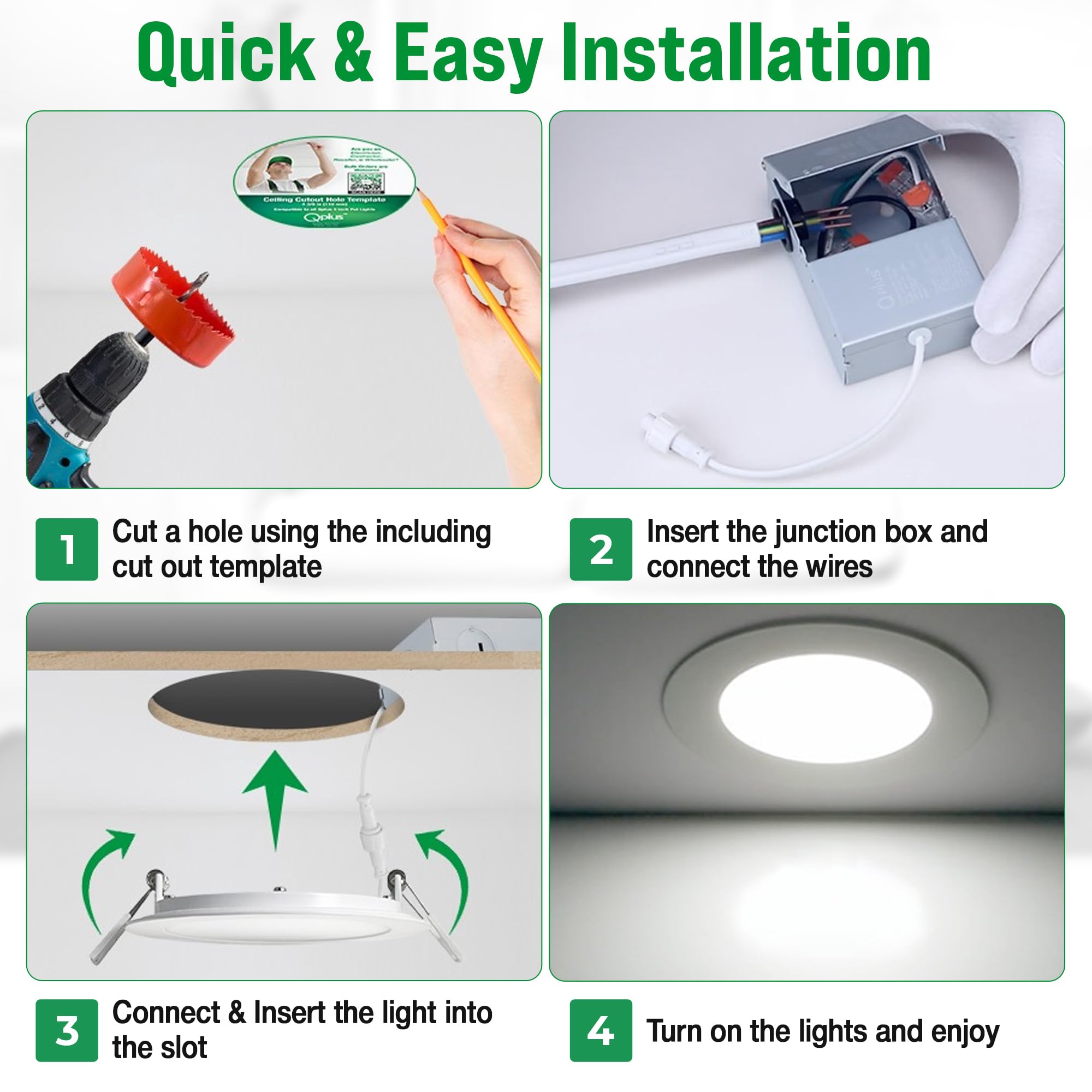 QPLUS 24 Pack 4 Inch 5CCT Ultra-Thin LED Recessed Ceiling Light with Junction Box, 2700K/3000K/3500K/4000K/5000K Selectable ETL,UL,IC, Wet Rated, Energy Star Dimmable Recessed Led Can Lights