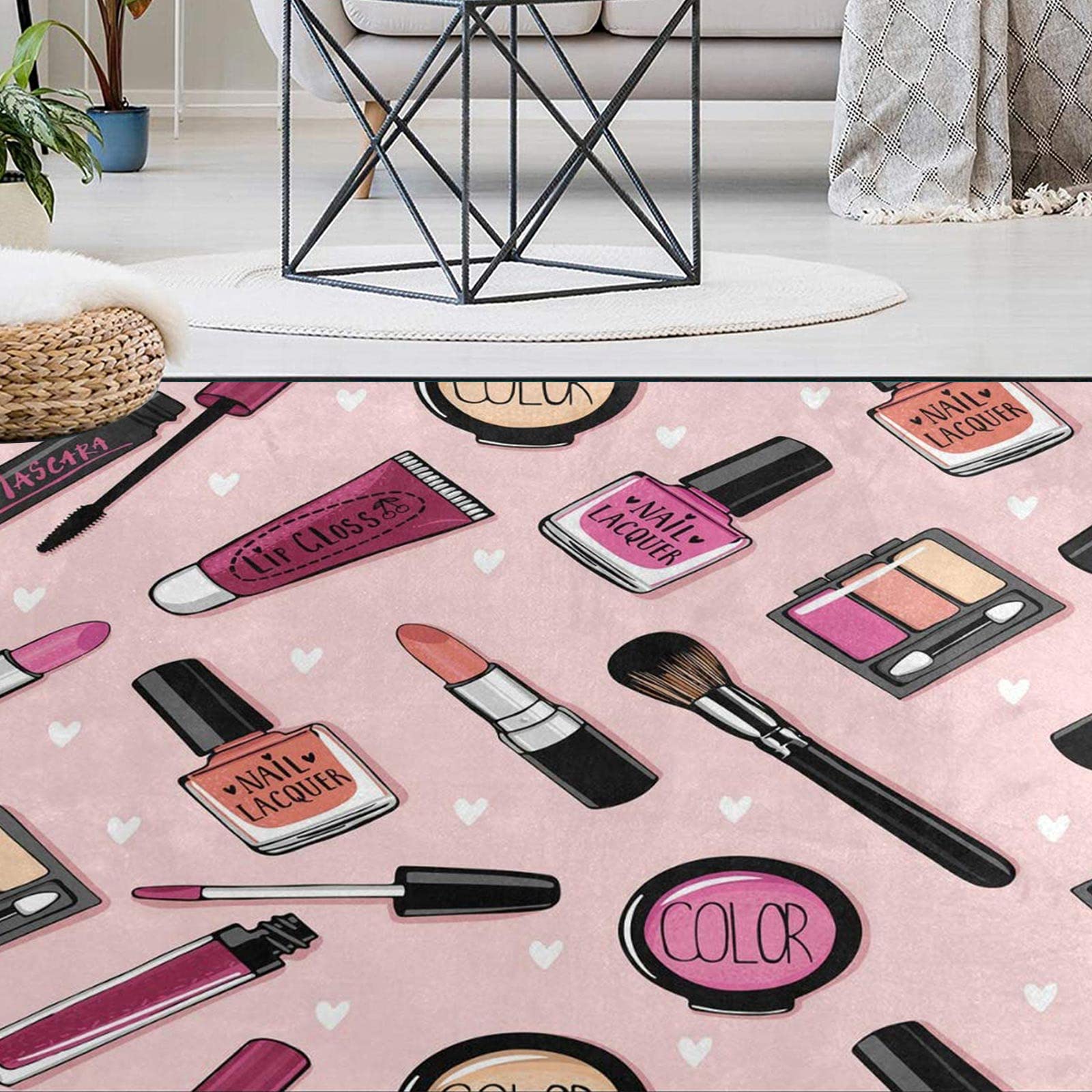 Oueoty Fashion Lipstick Love Heart Pink Area Rug 1.5x2.5ft/18x30in/45x75cm,Baby Play Mat for Living Dining Dorm Room Bedroom Home Decorative