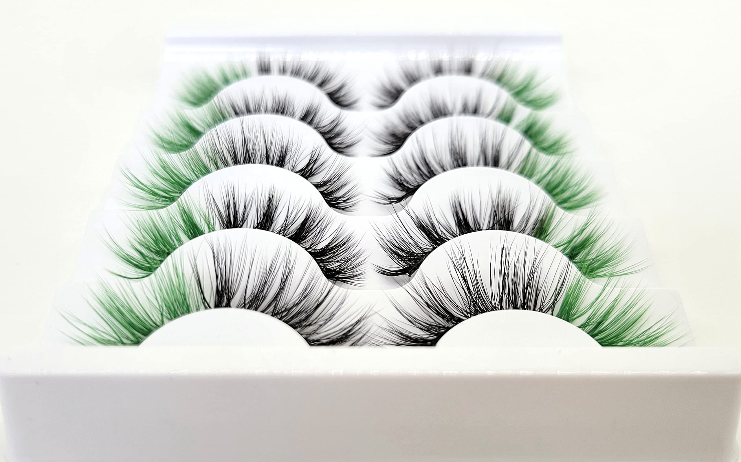 MISSLADY 16mm 5 Pairs Pack 3D Faux Mink Eyelashes with Green Ends Colored Lashes (FM-205, 8-16mm, Black with Green Ends, 5 Pairs)