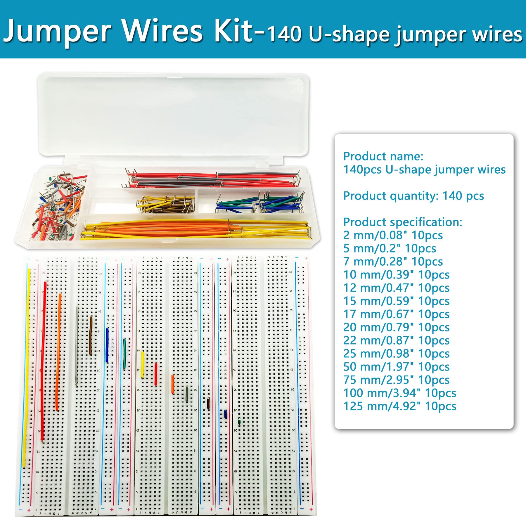 Minidodoca Breadboard Jumper Wires Kit 4pcs 400&830 Point Solderless Breadboards with Power Supply Module,140pcs 0.08"- 4.92" U-Shape,65pcs 4.7"-9.4",120pcs Length 8" M/M F/M F/F Dupont Jumper Wire