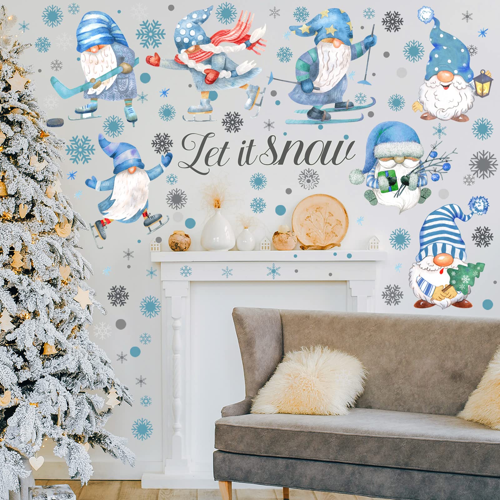 135 Pcs Snowy Winter Gnome Snowflake Wall Decals Christmas Wall Decals Snowflakes Wall Decal Silver and Blue Theme Christmas Snowflake Wall Stickers for Home Bedroom Kitchen Decor Gift(Snow Style)