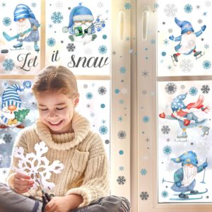 135 Pcs Snowy Winter Gnome Snowflake Wall Decals Christmas Wall Decals Snowflakes Wall Decal Silver and Blue Theme Christmas Snowflake Wall Stickers for Home Bedroom Kitchen Decor Gift(Snow Style)